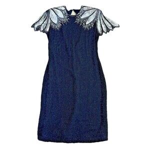 Naeem Khan Riazee Vintage Beaded Silk Dress Avant Garde Shoulder Sequin Black M